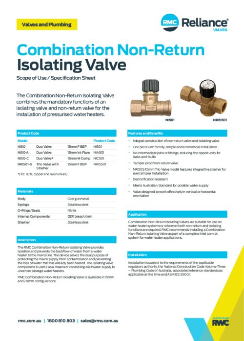 Combination NonReturn Isolating Valves RMC Reliance Valves