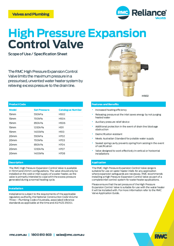 High Pressure Expansion Control Valves RMC Reliance Valves