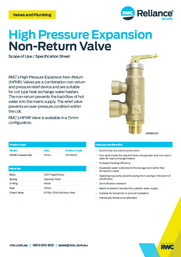 High Pressure Expansion NonReturn Valve RMC Reliance Valves