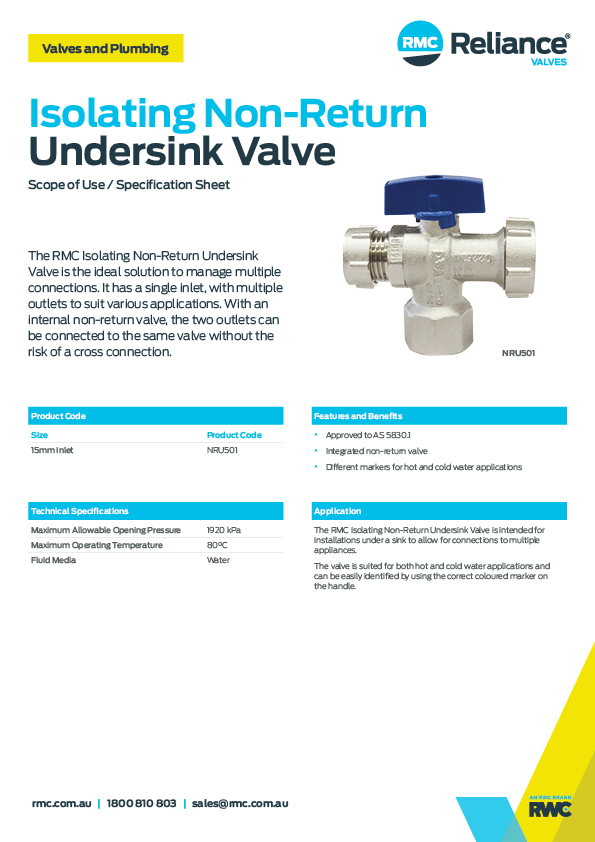 Isolating NonReturn Undersink Valve RMC Reliance Valves