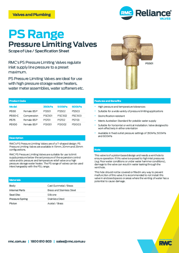 PS Pressure Limiting Valves RMC Reliance Valves