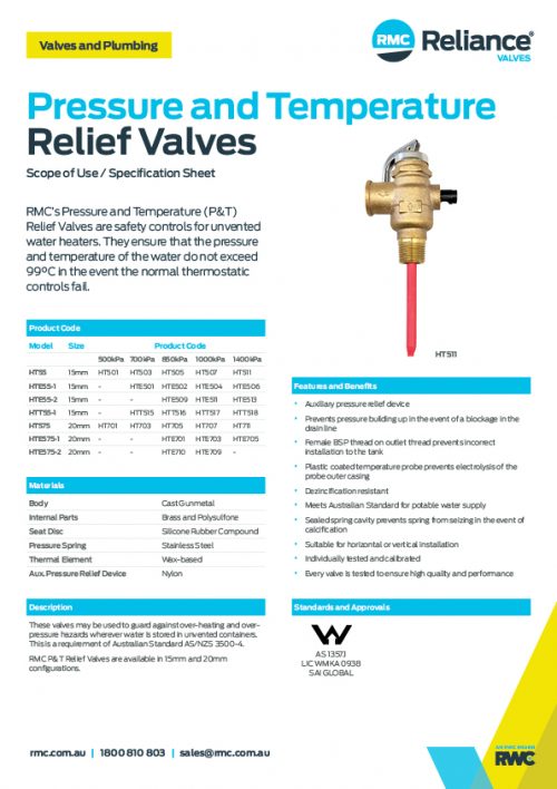 Pressure and Temperature Relief Valves RMC Reliance Valves