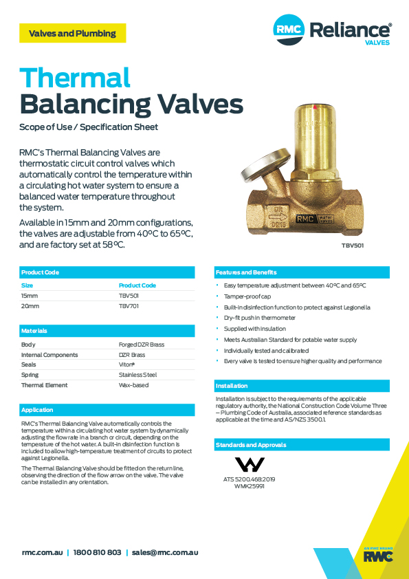 Thermal Balancing Valves RMC Reliance Valves
