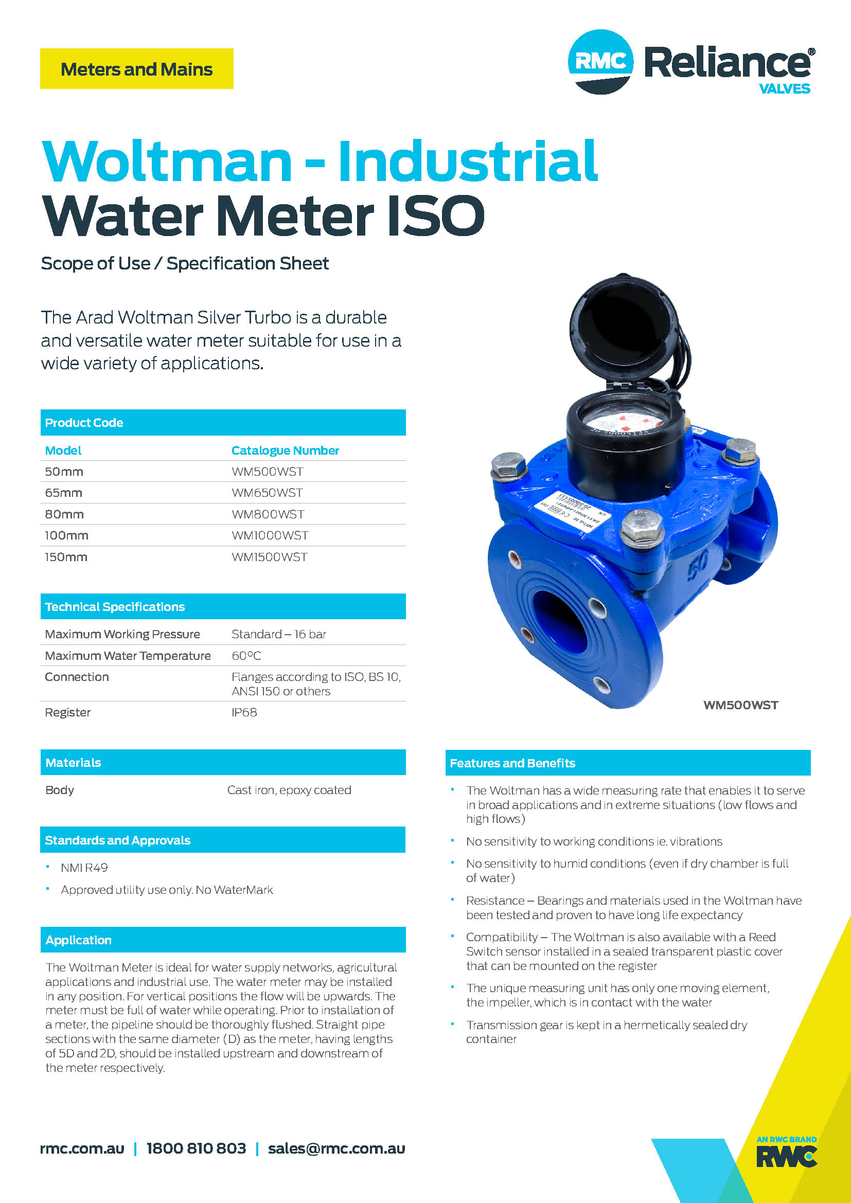 Woltman Industrial Water Meter ISO RMC Reliance Valves