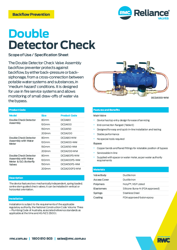 Double Detector Check Valve Assembly RMC Reliance Valves