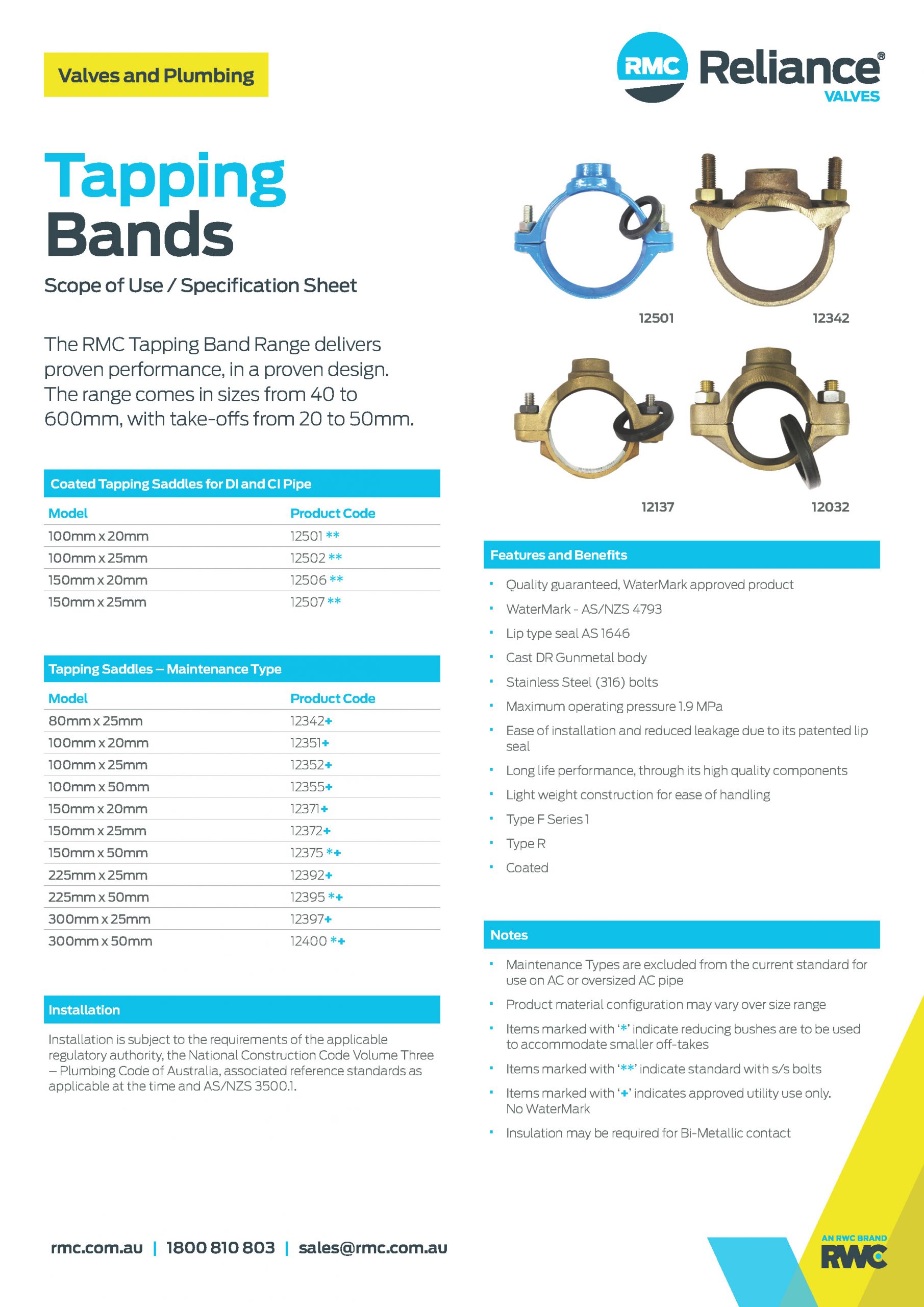 Tapping Bands RMC Reliance Valves